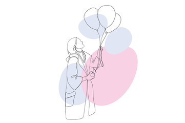 Stylish young girl continuous line drawing concept. Woman in fashionable clothes stands and holds balloons, birthday party or holiday symbol. Illustration in outline hand drawn design for web