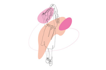 Stylish young girl continuous line drawing concept. Woman wears fashionable dress and takes selfie at smartphone. Student in casual clothes. Illustration in outline hand drawn design for web