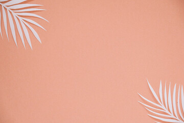 Tropical palm leaf on terracotta background. Flat lay, top view