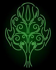 Line art with green neon shiny vintage tree