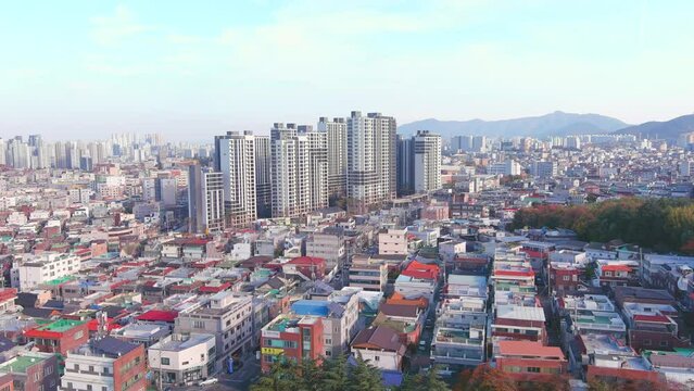 Daegu: Aerial view of Metropolitan City in South Korea in autumn colors, sunny day - landscape panorama of Eastern Asia from above