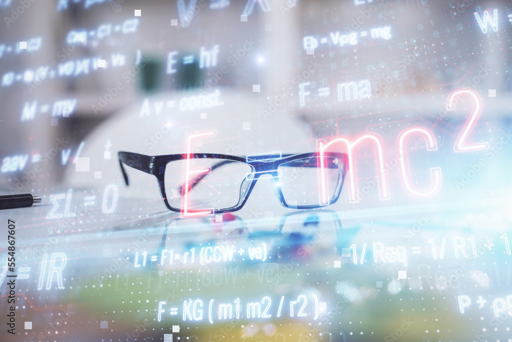 Poster formulas drawing with glasses on the table background. concept of science. double exposure.