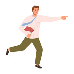 Leader or boss with flag in hand running and showing direction. Leading to success and achieving goals and plans, leadership. Flat cartoon character vector