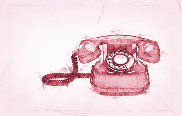 Sketch of a Old and vintage red telephone