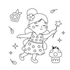 Coloring page with cute fairy and ladybug on mushroom. Flying princess with a magic wand. Cartoon leaves and flowers. Fairy tale coloring book. Outline black and white vector illustration.