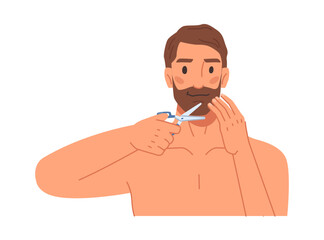 Trimming long beard hair, making shape and neat look. Isolated man using scissors to cut mustaches. Beauty routine and self care. Flat cartoon character vector