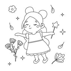 Fairy tale coloring page. Cartoon cute fairy with magic wand. Outline flowers and leaves. Beautiful flying princess. Coloring book. Black and white vector illustration.