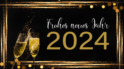 Frohes neues Jahr 2024 Silvester Neujahr Feiertag Banner Grußkarte - Rahmen aus goldenen...