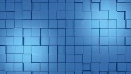 Randomly shifted blue metallic floor tiles or square cubes with lighting effect, abstract geometric 3D background, interior pattern wallpaper with copy space for text
