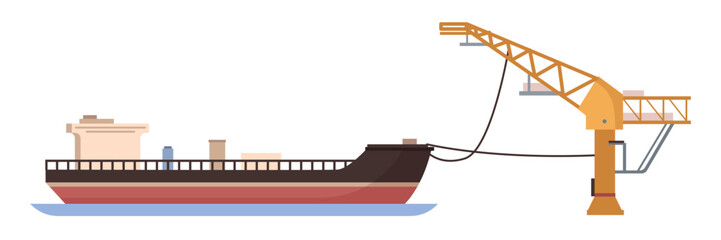 Oil and gas industry, production and transportation of petroleum. Isolated ship waiting for cargo. Pumps and pipelines with petrol. Vector in flat style