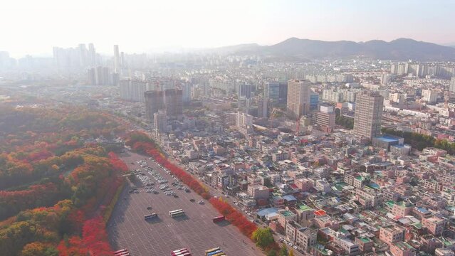 Daegu: Aerial view of Metropolitan City in South Korea in autumn colors, sunny day - landscape panorama of Eastern Asia from above