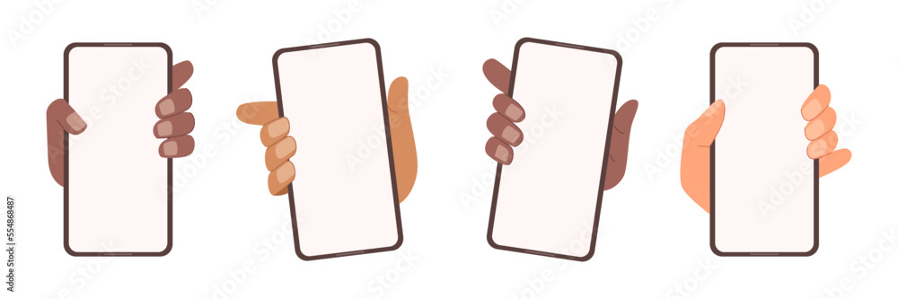 Poster hand holding mobile phone vertically with blank screen, vector flat cartoon illustration. female and