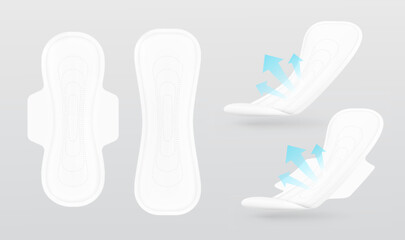 Realistic women pads mockup with air arrows. Vector illustration isolated on white background. Сan be used for healthcare, medical and other needs. EPS10.  © realstockvector