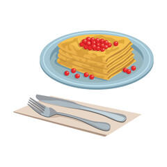 Russian national food. Pancakes with red caviar. Liquid dough, grilled on the pan. Vector graphic.	