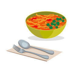Russian national food. Shchi. Cabbage soup, vegetables and meat. Vector graphic.