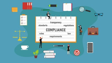 Group of business people look at compliance text