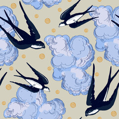 Swallow flying in the sky with clouds. Seamless pattern.