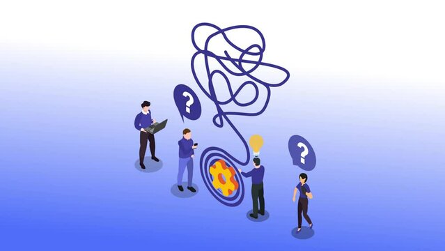 Group of business people untangle a chaotic line