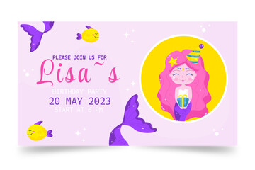 Invitation to mermaid birthday party. Cartoon mermaid vector