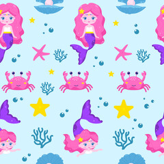 Fototapeta na wymiar Seamless mermaid pattern in cartoon style. Vector