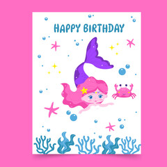 Happy birthday card mermaid with crab. Vector