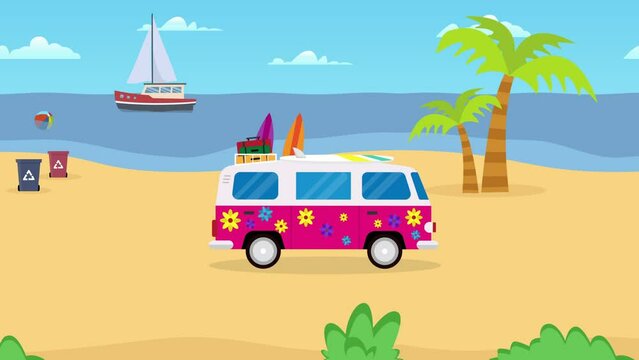 Hippie van moving on the clean beach