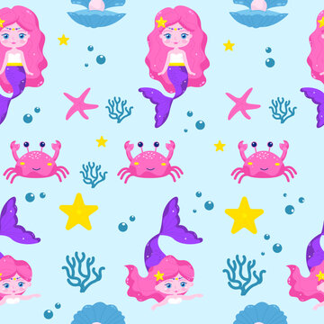 Seamless mermaid pattern in cartoon style. Vector