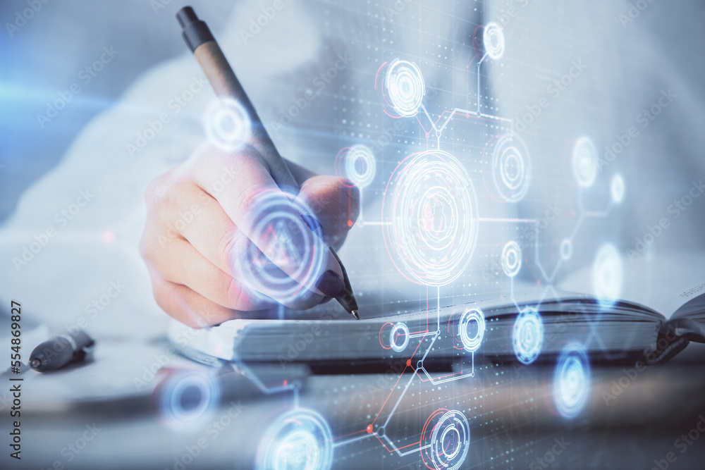 Poster Multi exposure of writing hand on background with data technology hologram. Concept of innovation.
