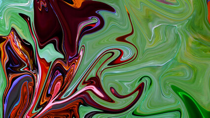 Liquid abstract background with the main composition of green and dark red.