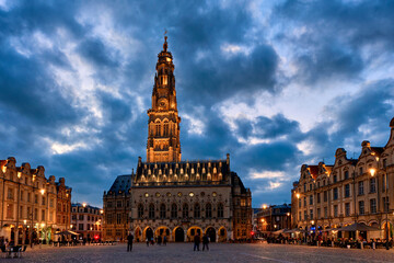 Town Hall and its Belfry at night in Arras in France