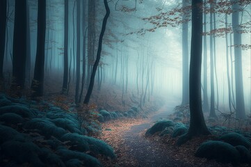 Fototapeta premium Autumn landscape and forest with fog,nature 