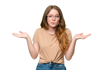 Young pretty woman over isolated background having doubts while raising hands