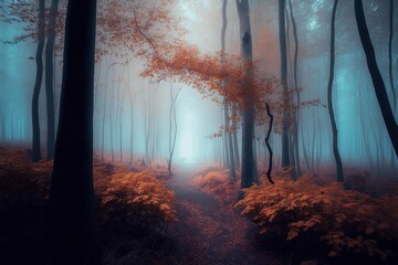 Autumn landscape and forest with fog,nature 