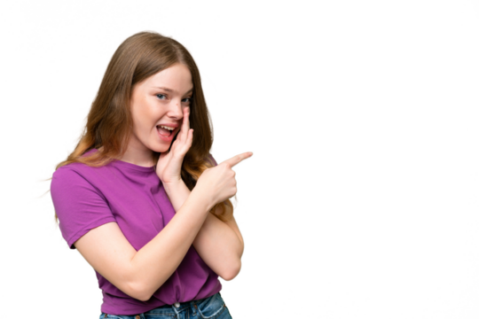 Young pretty woman over isolated background pointing to the side to present a product and whispering something - Powered by Adobe