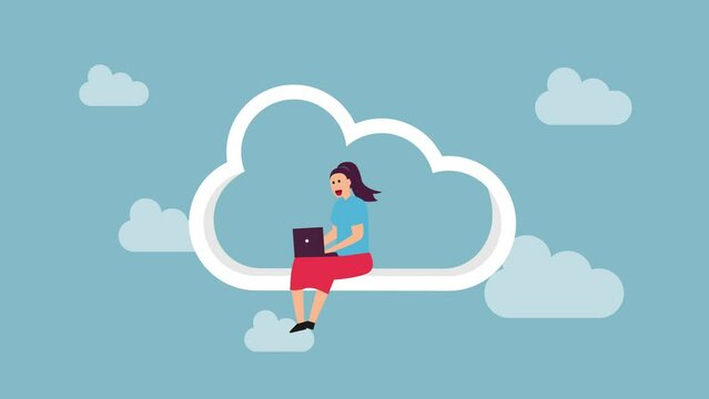 Beautiful woman using a laptop on the cloud