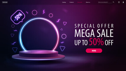 Special offer, mega sale, discount web banner with offer and empty podium floating in the air with line gradient neon ring on background.