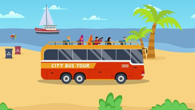 City bus tour passing on the tropical beach