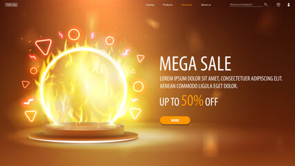 Mega sale, orange discount banner with offer and empty 3d fire podium with fire ring on background