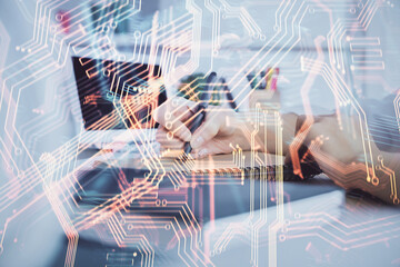 Tech theme hologram over woman's hands taking notes background. Concept of hightech. Double exposure