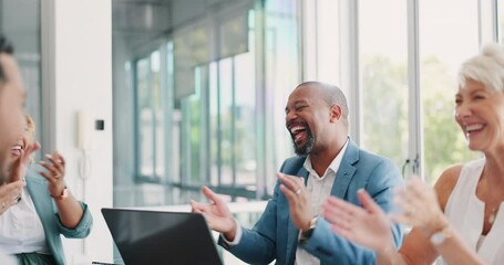 Handshake, success and happy business people giving applause for congratulations in meeting, collaboration and teamwork deal. Excited workers shaking hands, clapping and celebrate partnership goals