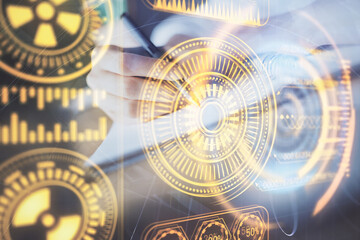 Tech theme hologram over woman's hands taking notes background. Concept of hightech. Double exposure