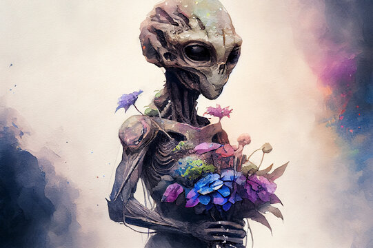 Humanoid alien holding bouquet of flowers, generative ai illustration