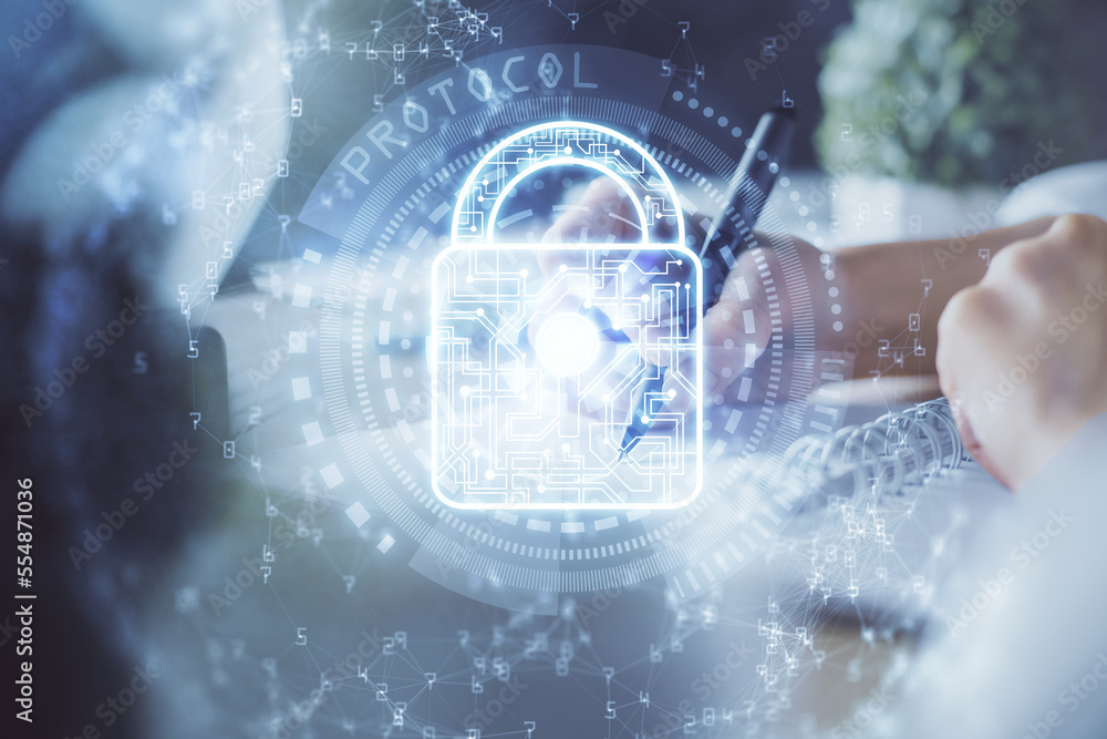 Poster double exposure of woman's hands writing with lock icon. concept of security and protection of data