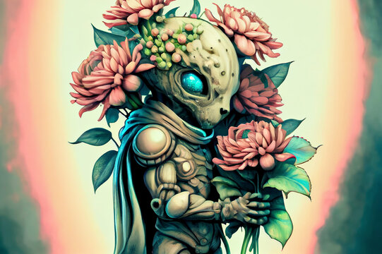 Humanoid alien holding bouquet of flowers, generative ai illustration