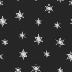 Silver snowflakes on a dark background, a repeating pattern with space for a copy. Christmas vector background, paper, silver, packaging, print