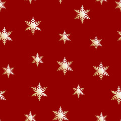 Naklejka na ściany i meble Christmas pattern, golden snowflakes on a red background. Repetitive pattern, decor, print, packaging, paper, beautiful background. Christmas vector illustration, postcard, copy space