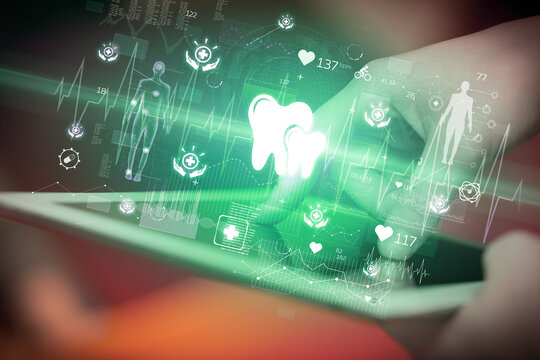 Close-up of a touchscreen with healthcare icons