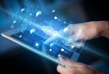 Close-up of a touchscreen with healthcare icons