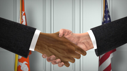 Bhutan and USA Partnership Business Deal. National Government Flags. Official Diplomacy Handshake 3D Illustration. Agreement Businessman Shake Hands