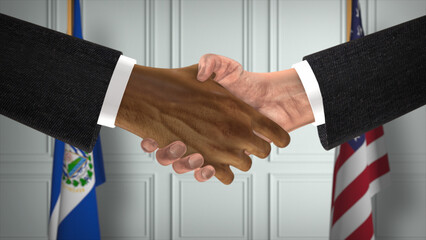 El Salvador and USA Partnership Business Deal. National Government Flags. Official Diplomacy Handshake 3D Illustration. Agreement Businessman Shake Hands